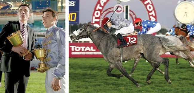 Thomas Fourcy, l'entraineur et Julien Augé le jockey sont les deux acteurs majeurs de la victoire de Mister Ginoux, un fils d'Amer dans le Qatar International Trophy